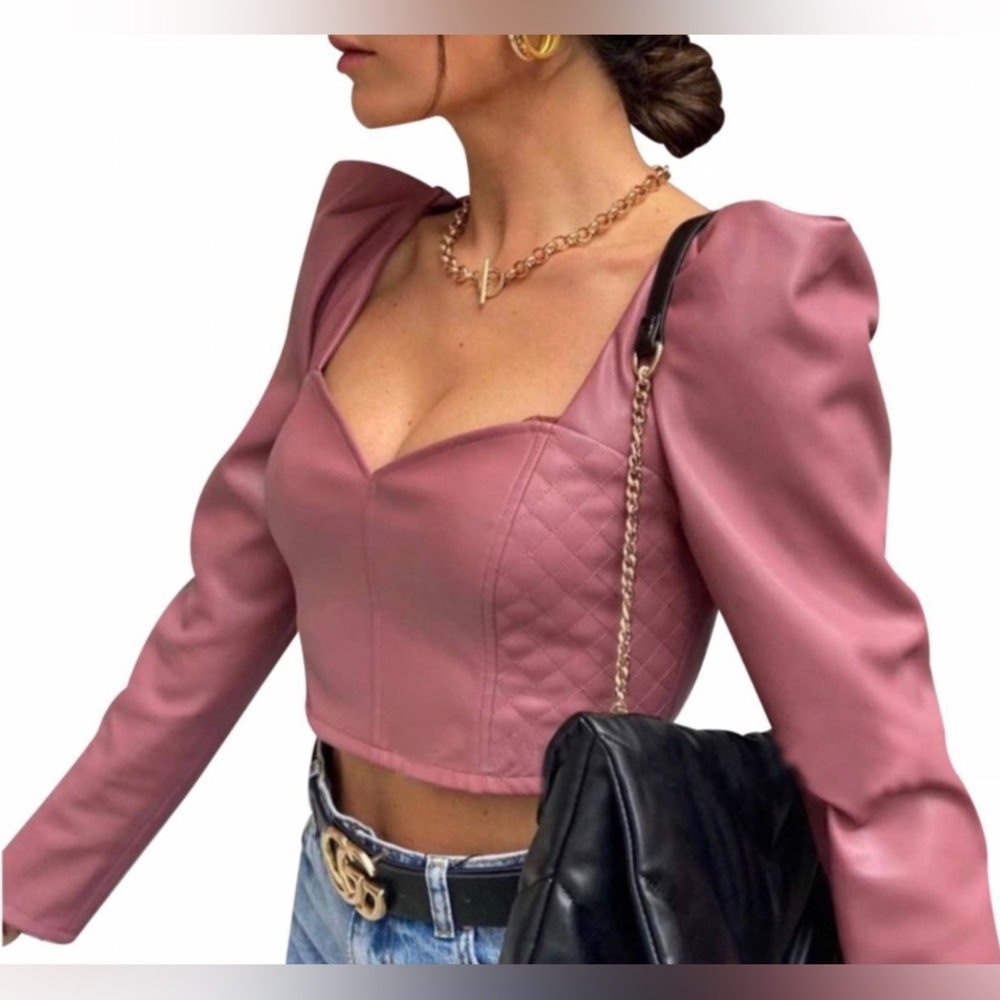 NWT Zara Faux Leather Crop Top dusty pink Size XS Puffy Sleeves chic fall vibes